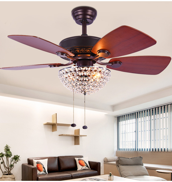 36 Inch Luxury Crystal Modern Ceiling Fan With Led Light And 5 Wood Blades Remote Control Decoration Ceiling Fan Lamp