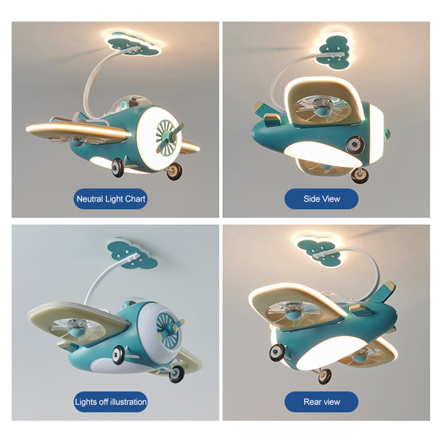 Children Bedroom Decoration Cartoon Airplane Ceiling Fan Light 