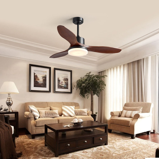 52 Inch High Quality Vintage Decorative Lighting Solid Wood Blades Ceiling Fan With LED Light