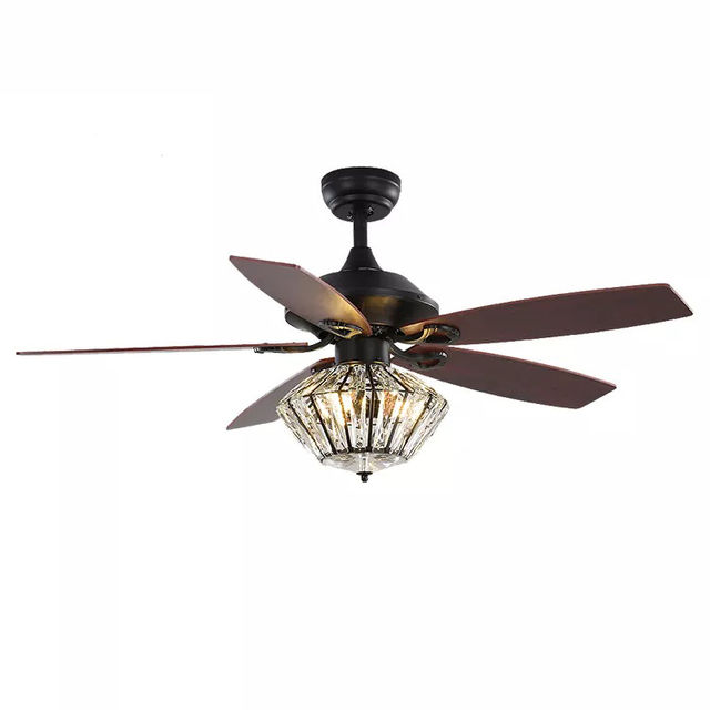 52 Inch 5 Wooden Reverse Blades Chandelier Crystal Ceiling Fan With Light