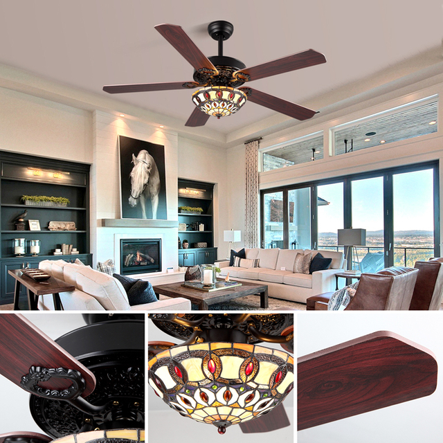 52 Inch European Style Home Appliances Celling Fan Decorative Tiffany Lamp Electric Ceiling Fan With Light