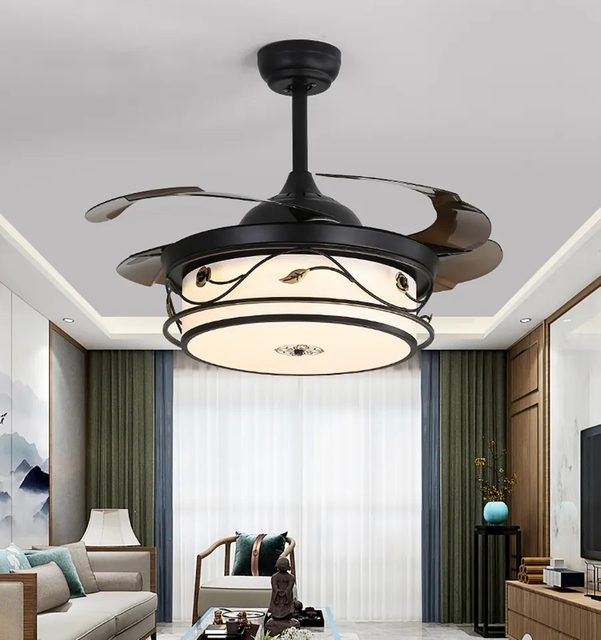 42 Inch Asian Styles Smart Remote Control Decorative Abs Hidden Blades Ac Motor Retractable Led Ceiling Fan With Ligh