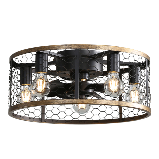 20 Inch Flush Mount Caged Industrial Ceiling Fan With Lights